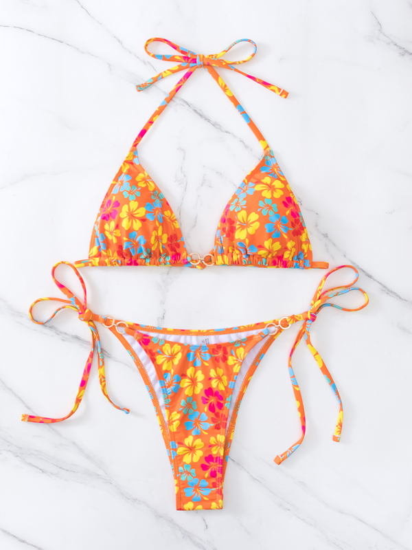 Women Triangle Cup Printed Lace-Up Bikini Swimsuit