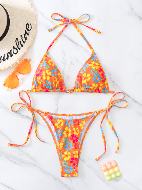 Women Triangle Cup Printed Lace-Up Bikini Swimsuit