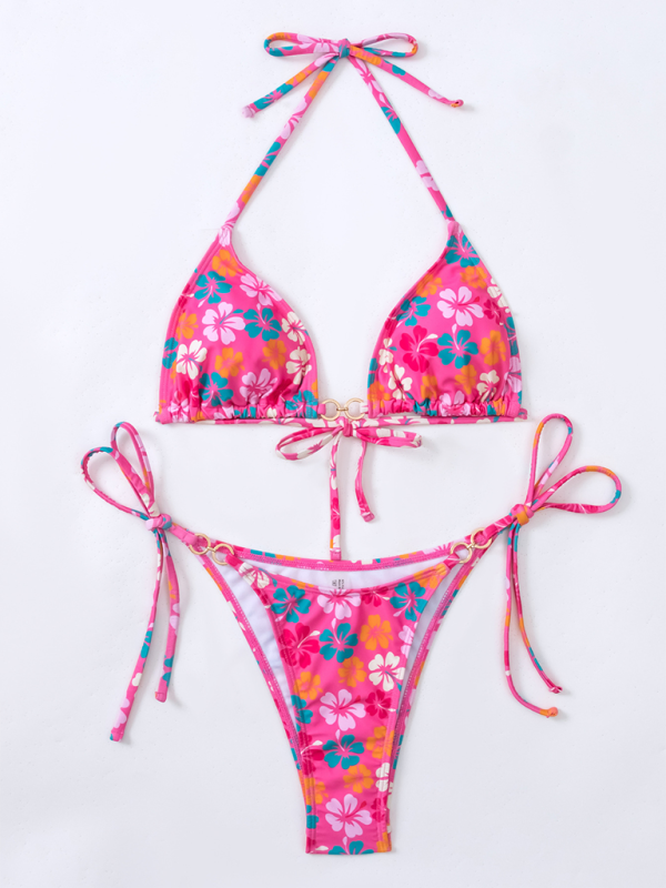 Women Triangle Cup Printed Lace-Up Bikini Swimsuit