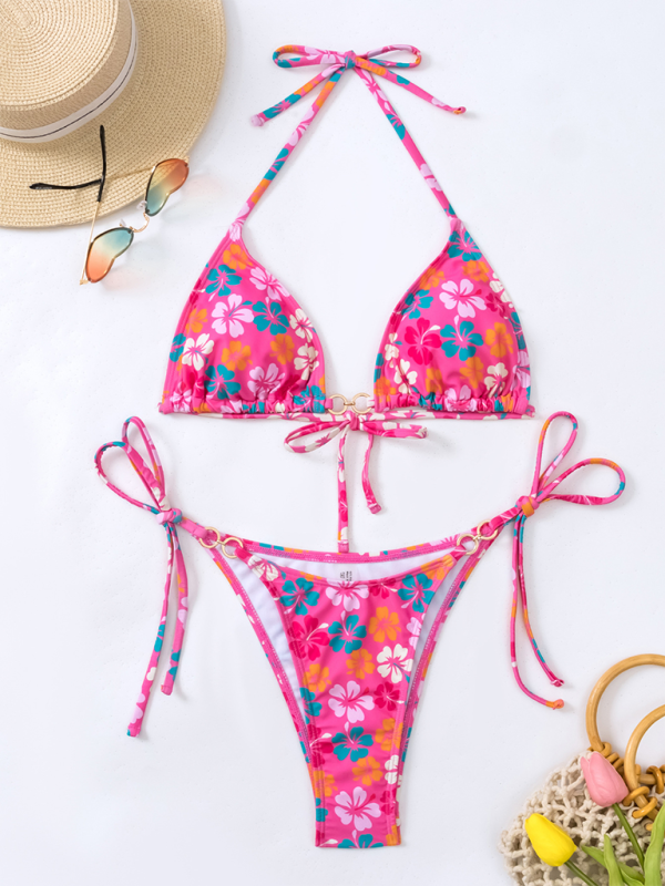 Women Triangle Cup Printed Lace-Up Bikini Swimsuit