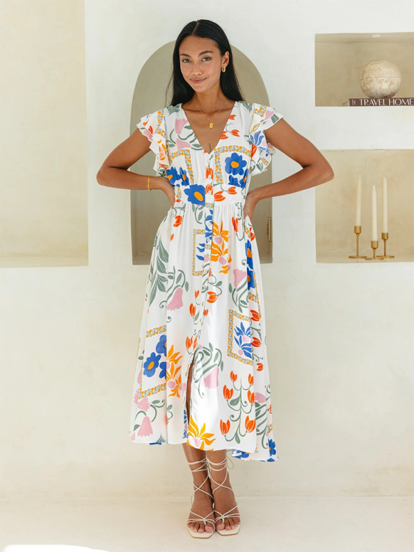 Women floral print single breasted Dress