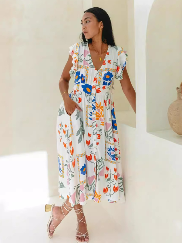 Women floral print single breasted Dress