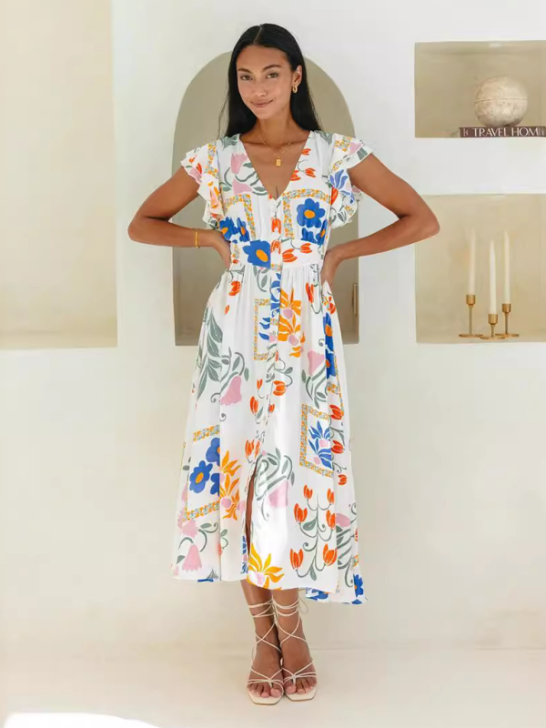 Women floral print single breasted Dress