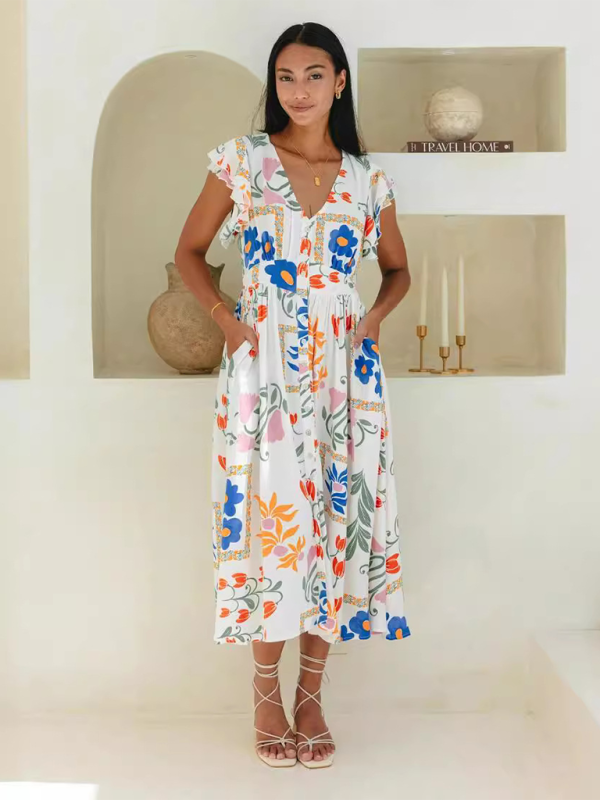 Women floral print single breasted Dress