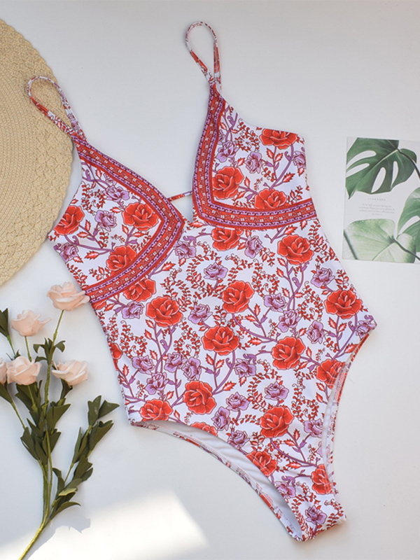 Women Retro Floral Print One-Piece Swimsuit