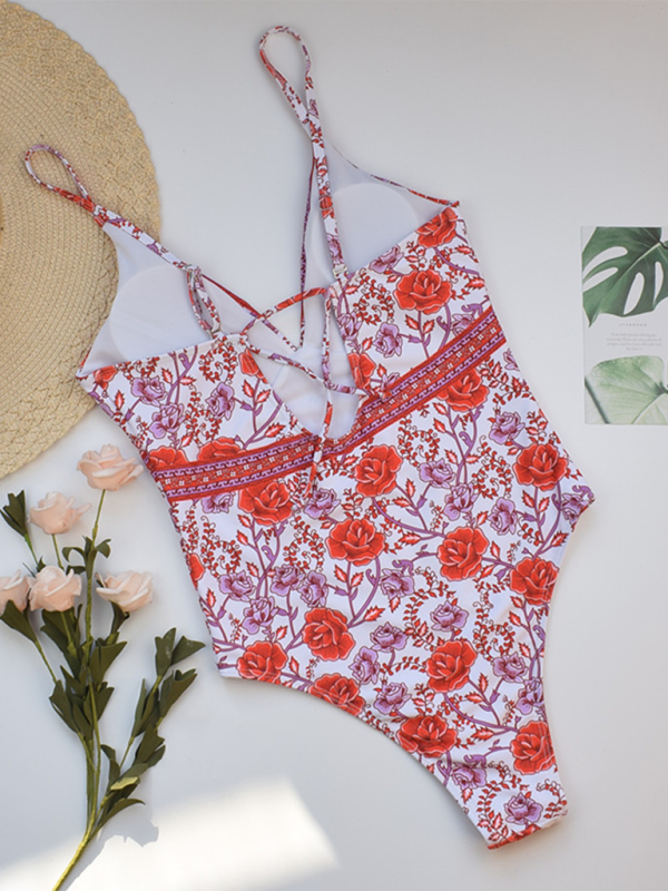 Women Retro Floral Print One-Piece Swimsuit