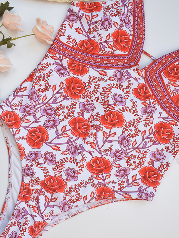 Women Retro Floral Print One-Piece Swimsuit