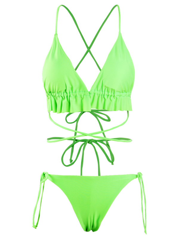 Women Two-piece Swimsuit Solid Colour Triangle Two-piece long String Bikini