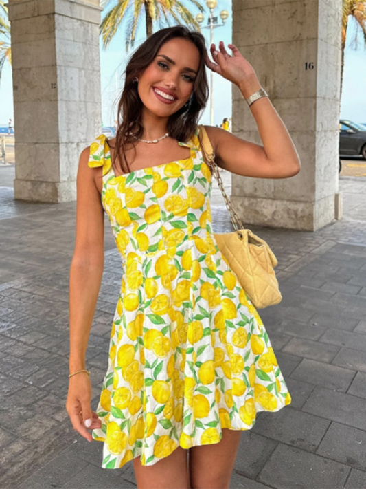 Women Lemon Print Suspender Dress