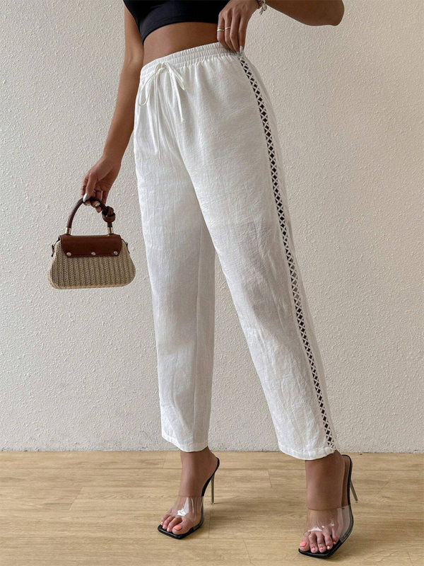 Women casual side Hollow Elastic Drawstring straight Trousers