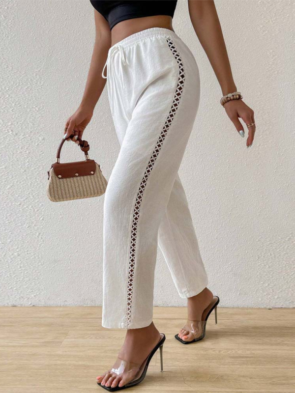 Women casual side Hollow Elastic Drawstring straight Trousers