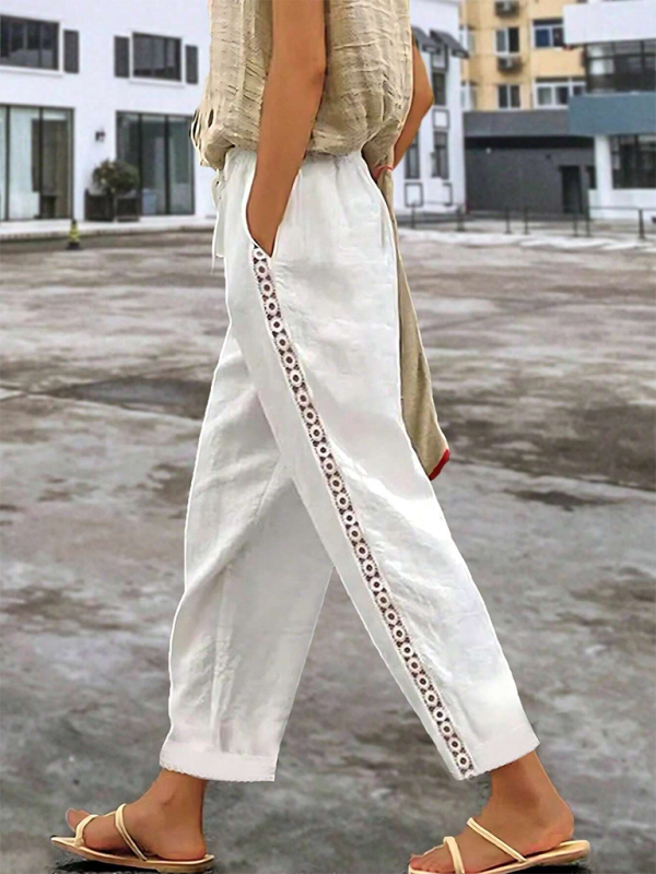 Women casual side Hollow Elastic Drawstring straight Trousers