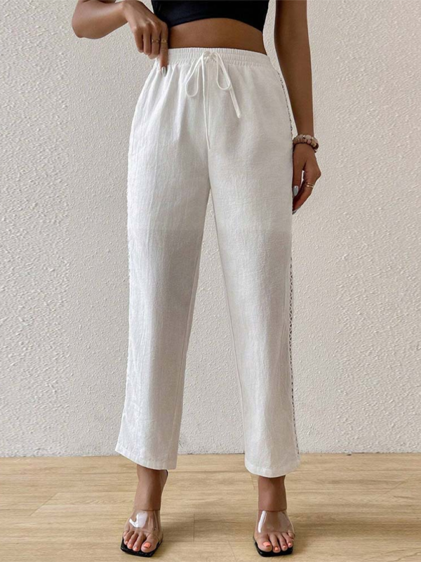 Women casual side Hollow Elastic Drawstring straight Trousers