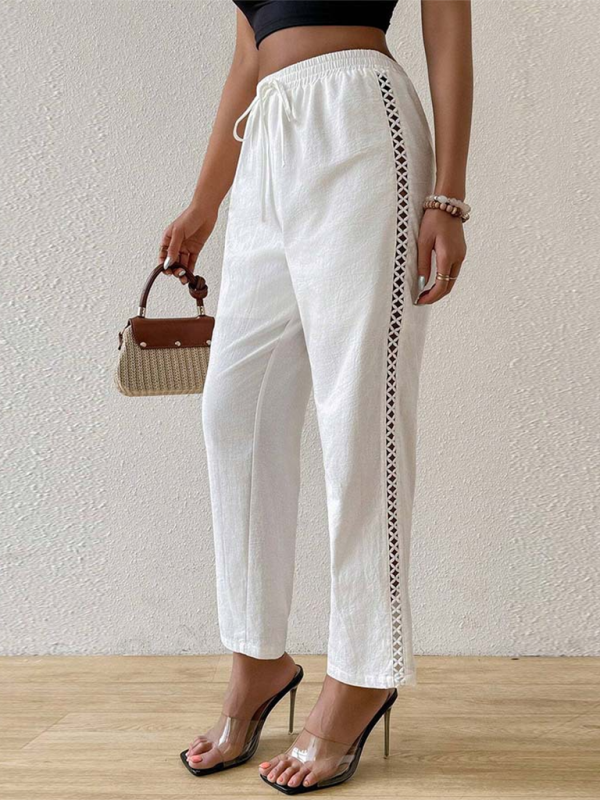 Women casual side Hollow Elastic Drawstring straight Trousers