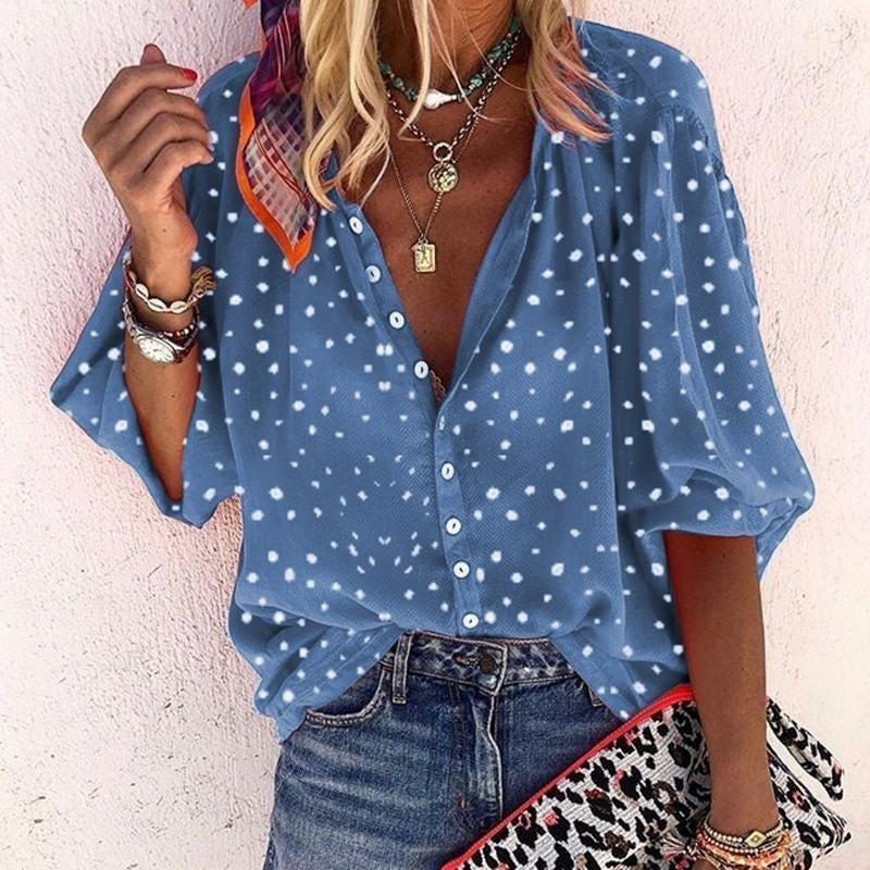 Women's Polka Dot Print Long Sleeve V Neck Button Blouse