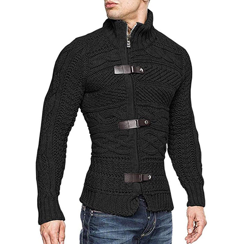 Men's Leather Button Long Sleeve Knitted Cardigan Jacket