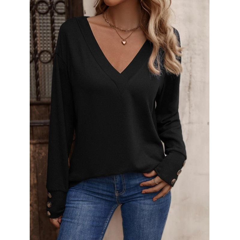 Women's V-neck loose long-sleeved T-shirt button Top