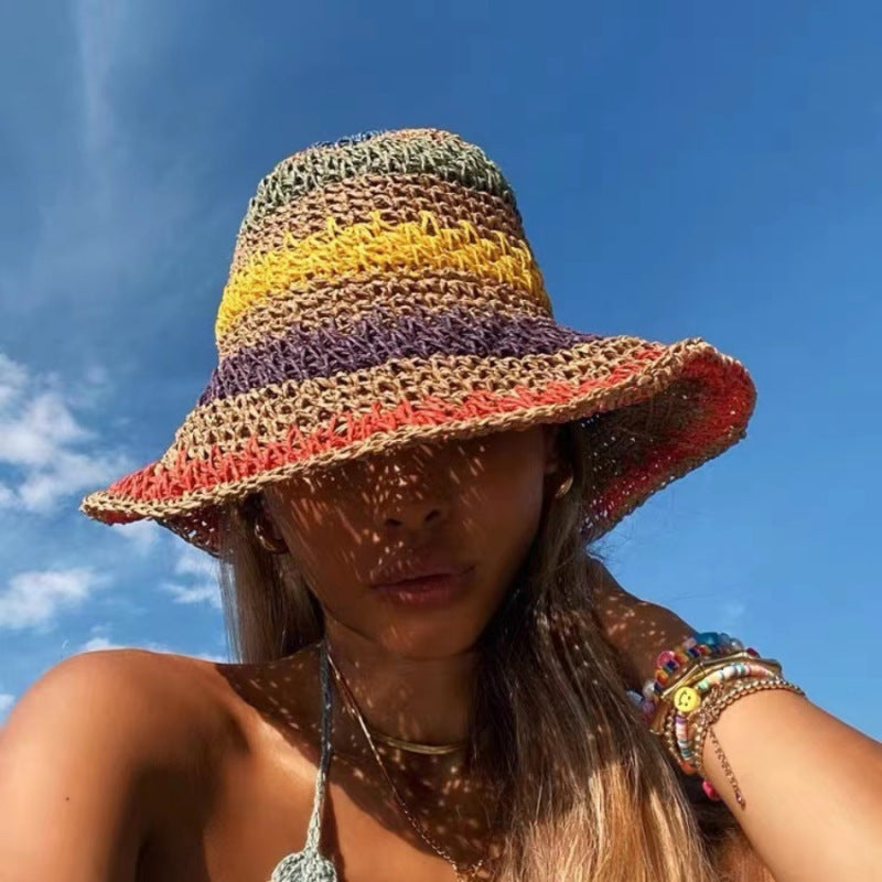 Women's Braided straw hat rainbow fisherman hat big brim sun hat outdoor beach sun sun hat
