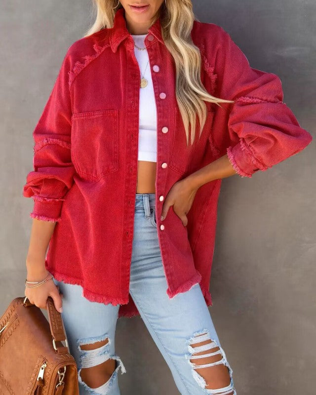 Women's Casual Fringed Ripped Loose Denim Jacket