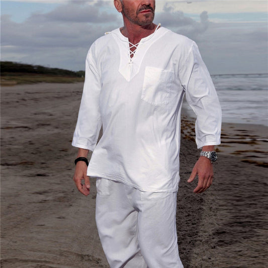 Men's Lace-up beach cotton and linen 2 Piece Set