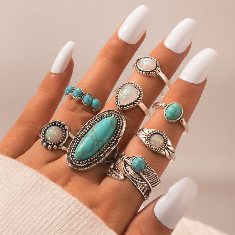 Alkablan Style Retro Inlaid Turquoise carved Feather 8-piece Combination Ring Set