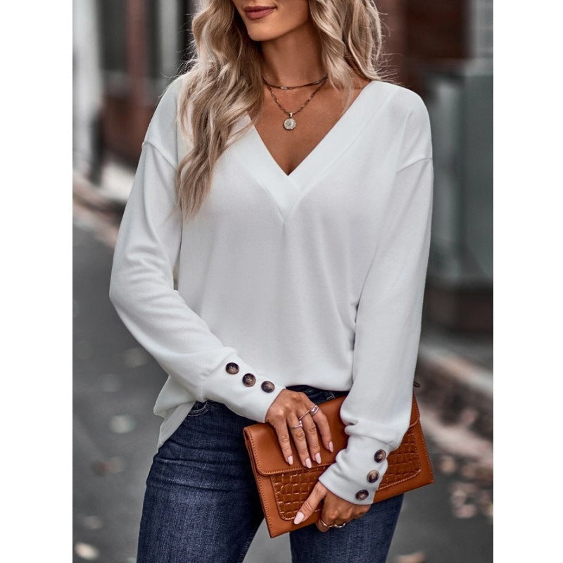 Women's V-neck loose long-sleeved T-shirt button Top