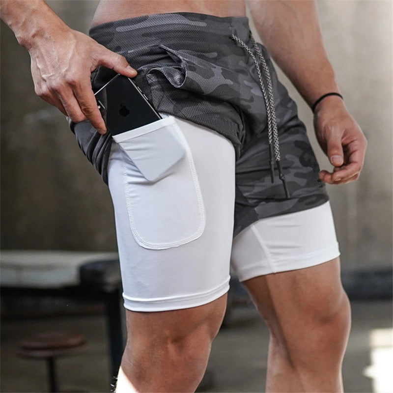 Men's Camo Fitness Running Shorts 2 In 1 Double-deck Quick Dry GYM Sport Fitness Jogging Workout Shorts