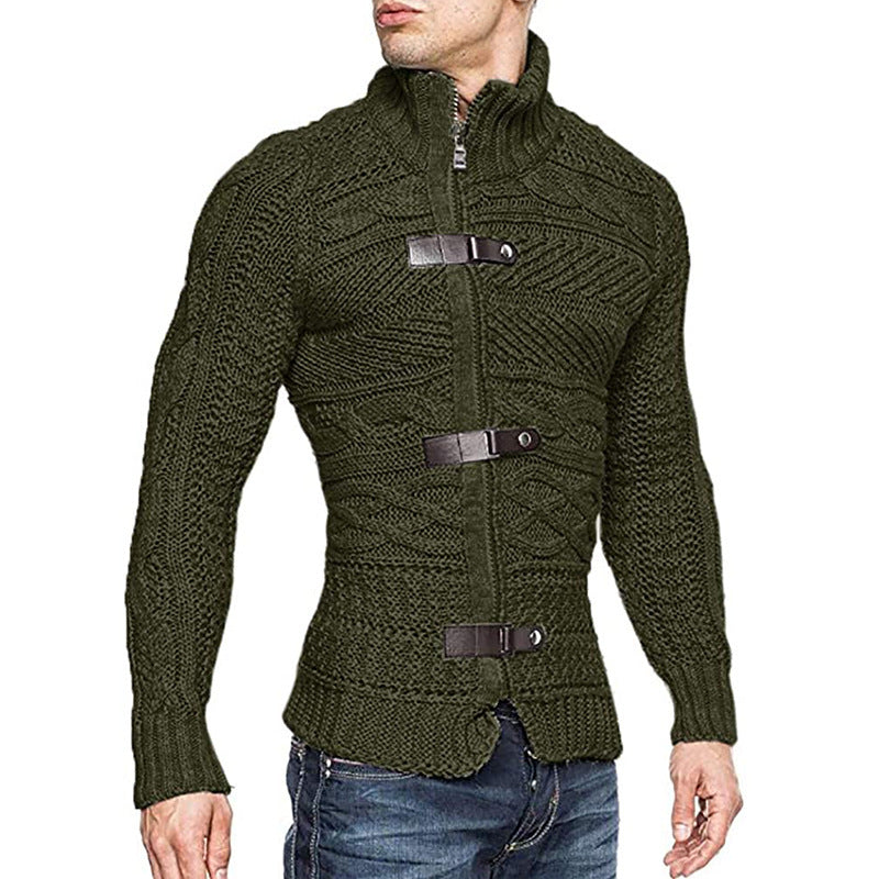 Men's Leather Button Long Sleeve Knitted Cardigan Jacket