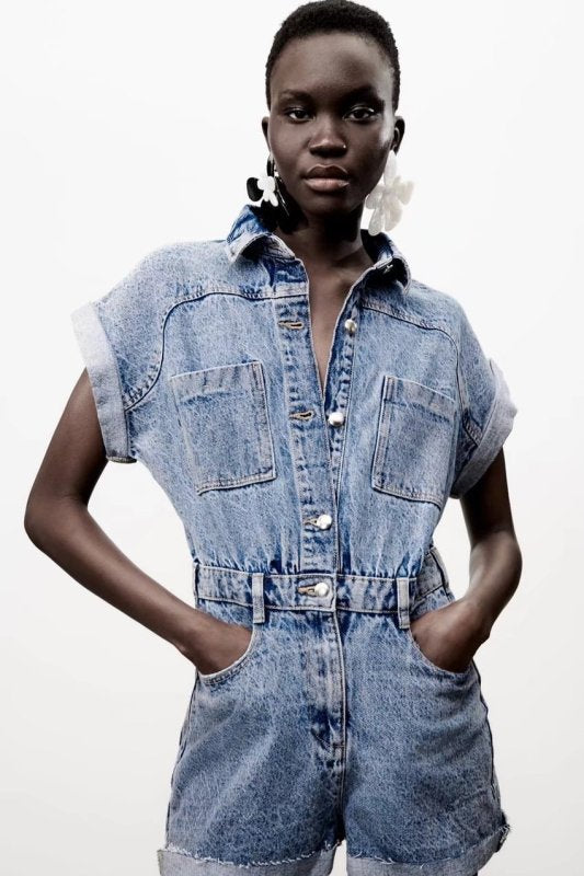 Women's Single-breasted Denim Short-sleeved Jumpsuit with lapel pockets