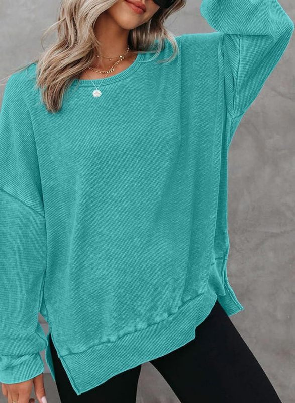 Women's Round neck long sleeve side slit waffle knit Top