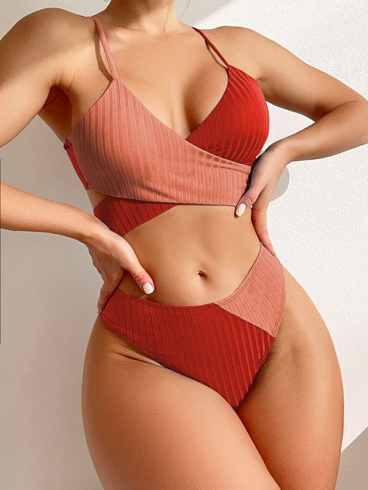 Women's Colour Block Cross Front High Waist Bikini Set