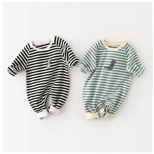 Baby's Striped Cotton Rompers Dinosaur Embroidery Babygrow