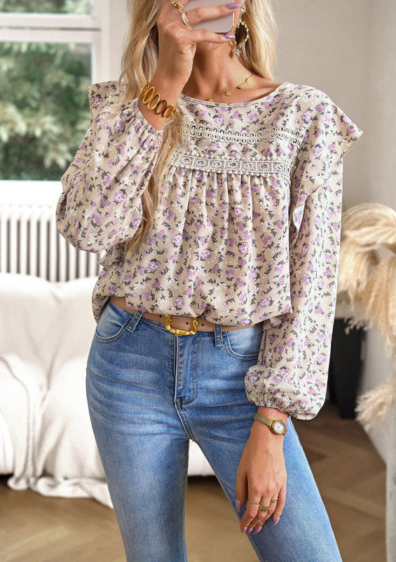 Women's Round Neck floral long-sleeved Top