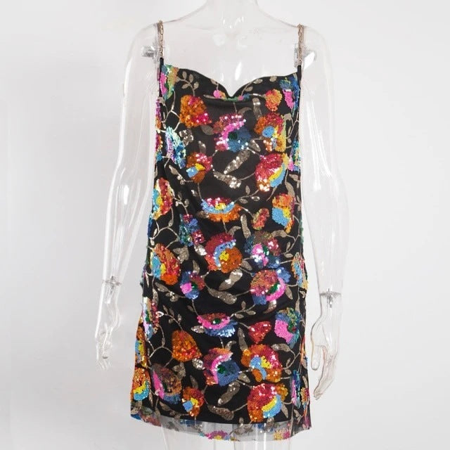 Women's Backless Sequin Floral Short Dress