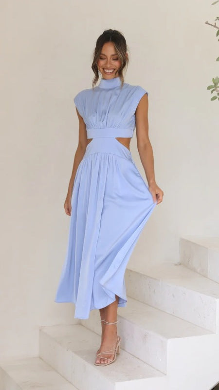 Women's Stand Collar Open Waist Pleated Long Dress