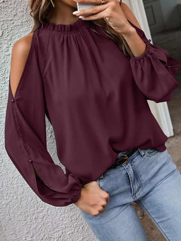 Women's Ruffle Round Neck Long Sleeve Gathered Strapless Top