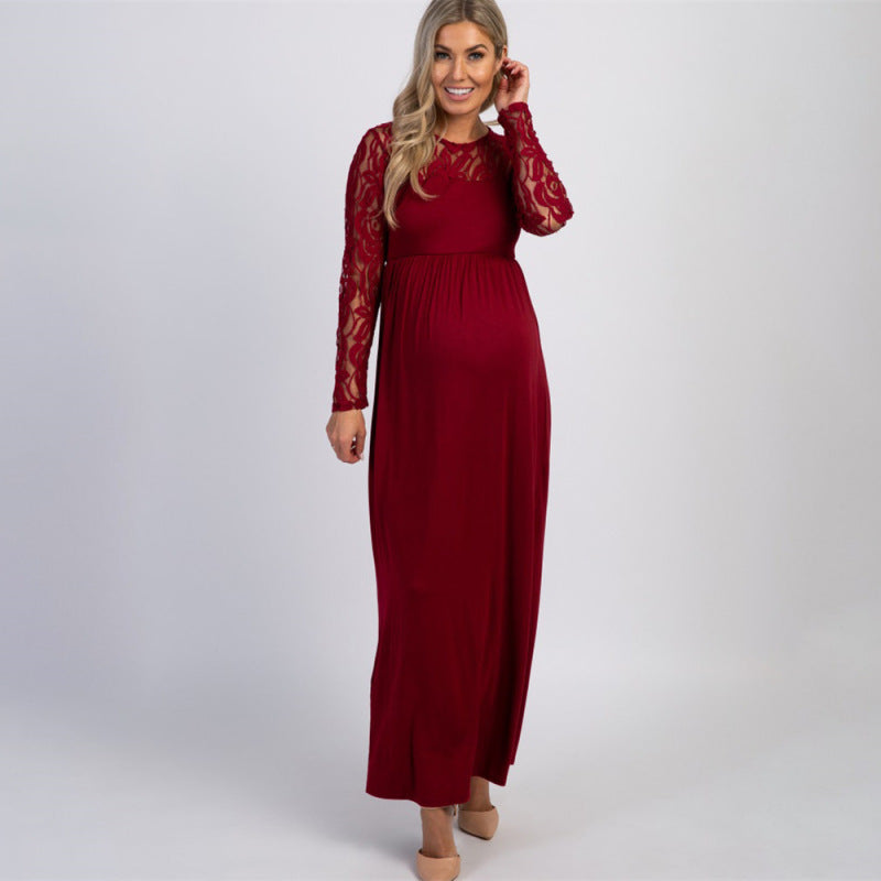 Women’s Adorned Neckline and Long Sleeves Maxi Maternity Dress