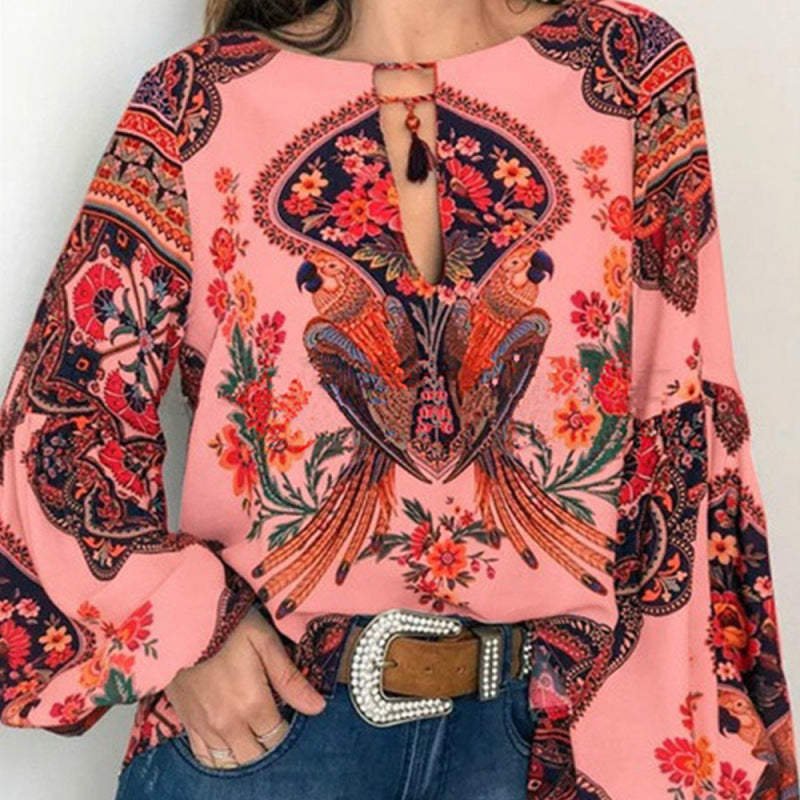 Women's Digital Printing Round Neck Balloon Sleeve Shirt blouse