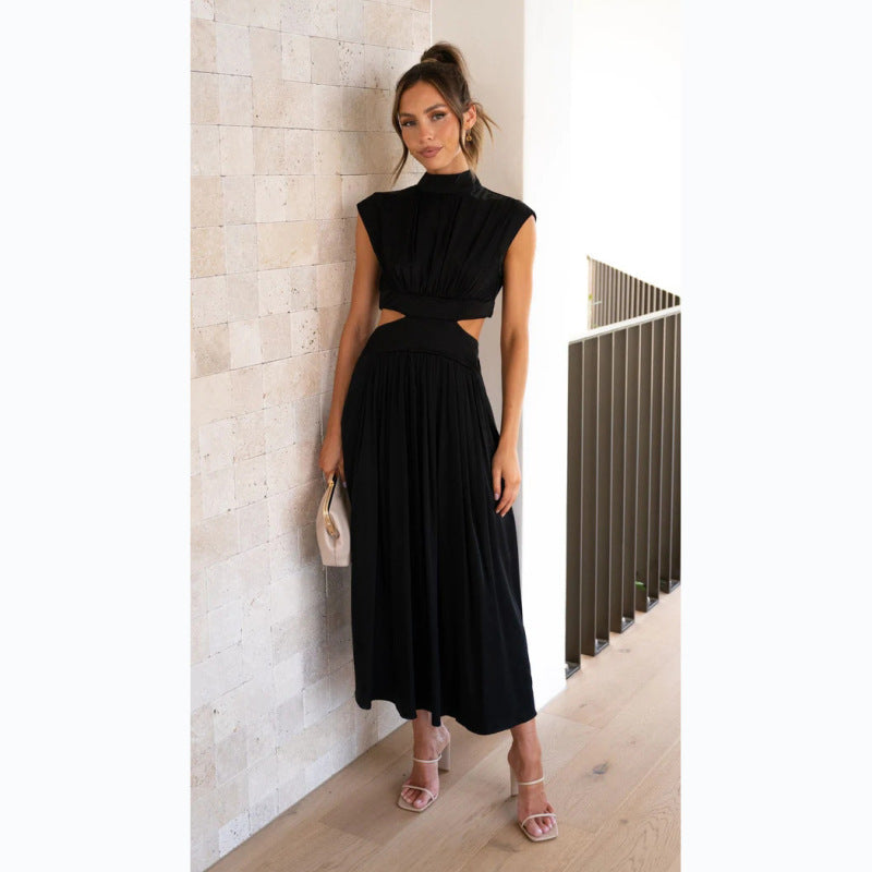 Women's Stand Collar Open Waist Pleated Long Dress