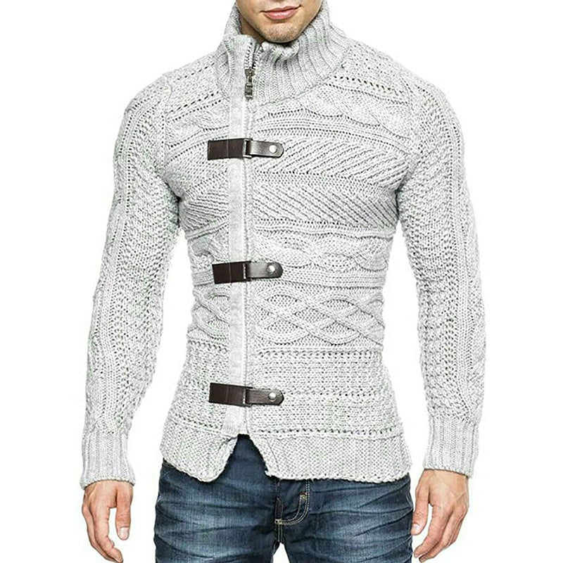 Men's Leather Button Long Sleeve Knitted Cardigan Jacket