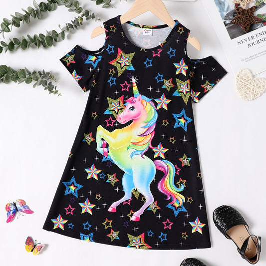 Children's, Girl's  Unicorn Stars Print Cold Shoulder Short-sleeve Dress