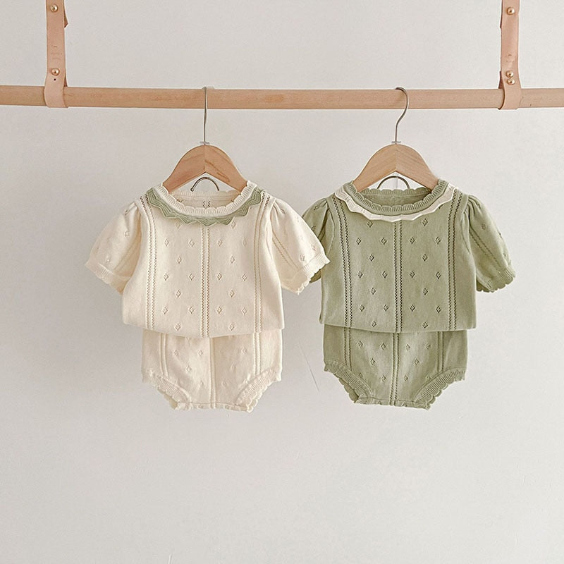 Baby's Hollow Out Knit Tee and Shorts 2 Pcs Set