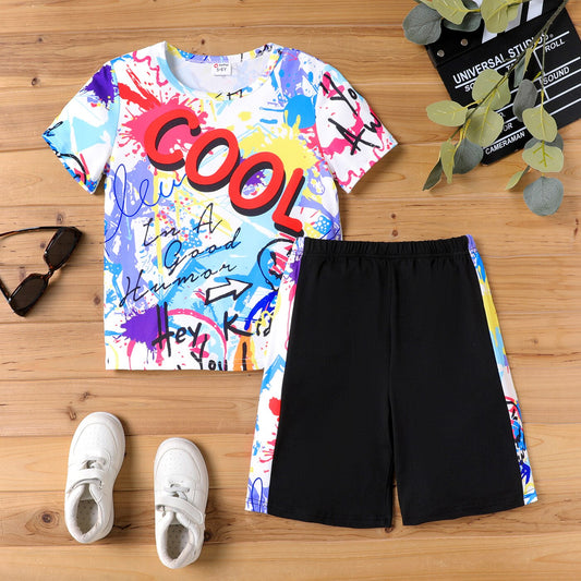 Children's Boy's Letter Graffiti Print Short-sleeve T-Shirt and Shorts 2Pcs Set