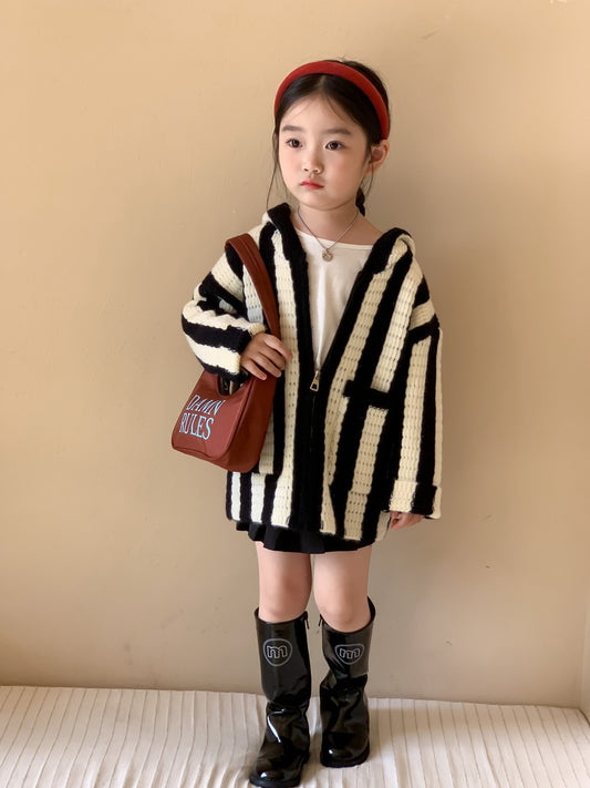 Girl's Black And White Stripe Coat Hooded Zipper Sweater