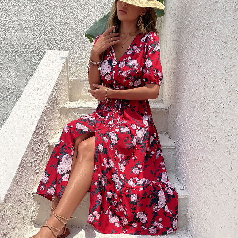 Women's printed v-neck slit Dress