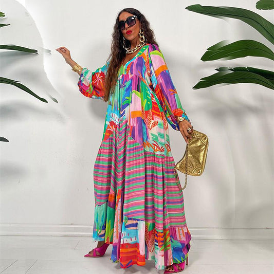 Women's Retro French Pleated print long-sleeved loose Dress