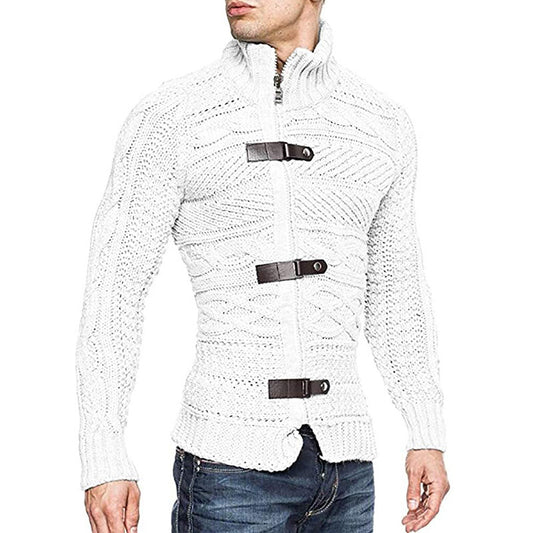 Men's Leather Button Long Sleeve Knitted Cardigan Jacket