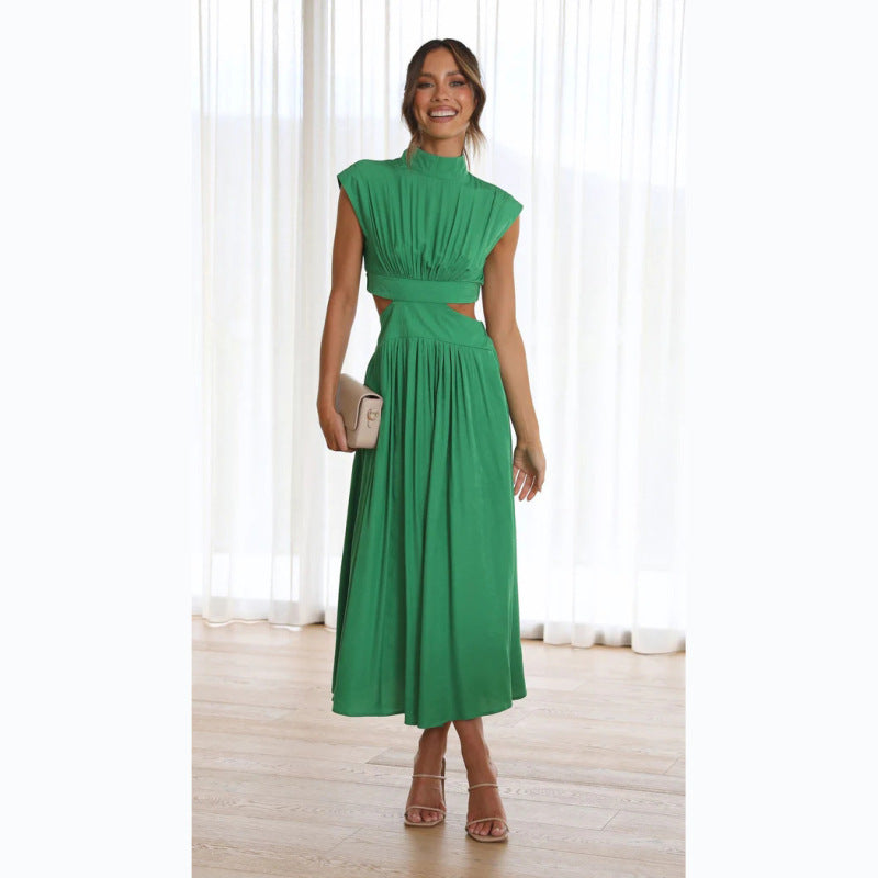 Women's Stand Collar Open Waist Pleated Long Dress