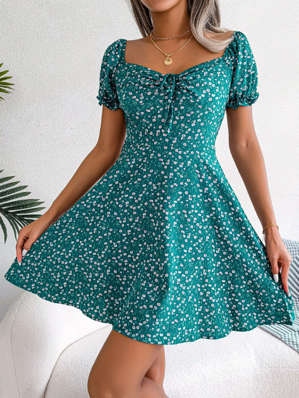 Women's Bell Sleeve Drawstring Tie Floral Swing Dress