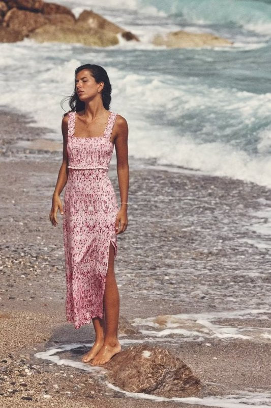 Women's Linen Blend Printed Midi Resort Dress